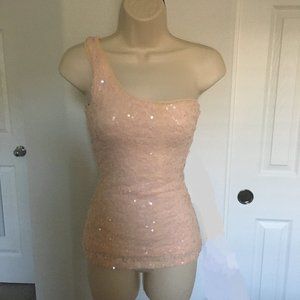 Pale pink sequined one-shoulder top